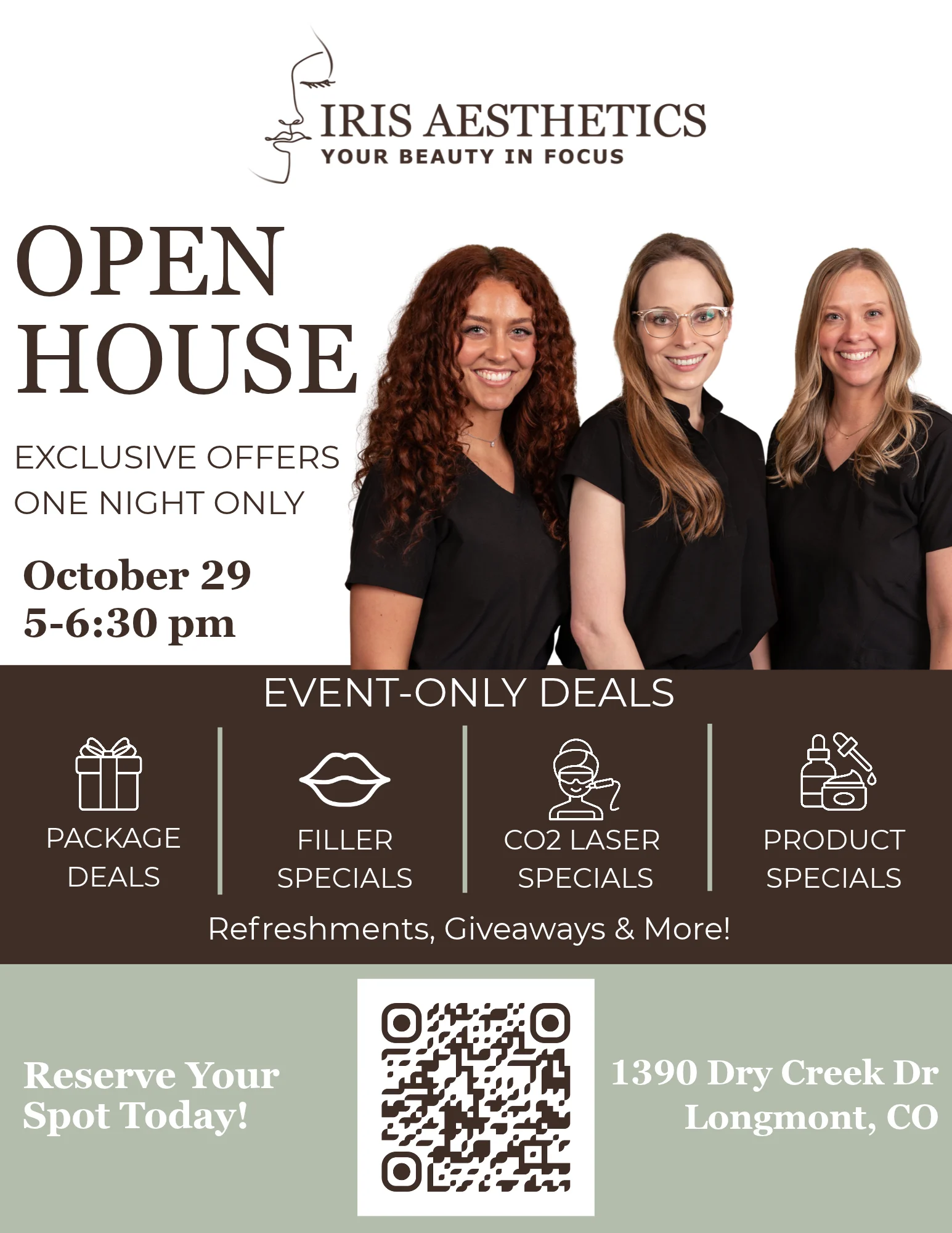 IRIS Aesthetics Open House flyer: event-only deals on packages, filler, CO2 laser and products, October 29, 5 to 6:30 PM, 1390 Dry Creek Dr, Longmont, CO